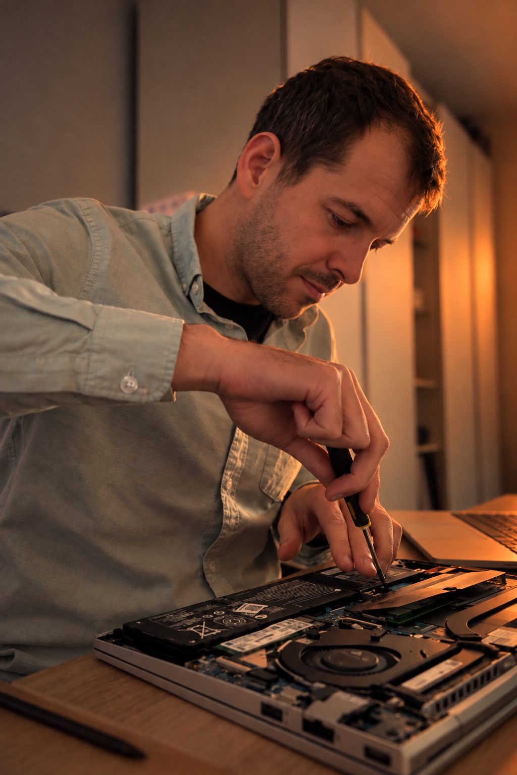 Gio aan het werk: hij schroeft een onderdeel los in een opengewerkte laptop